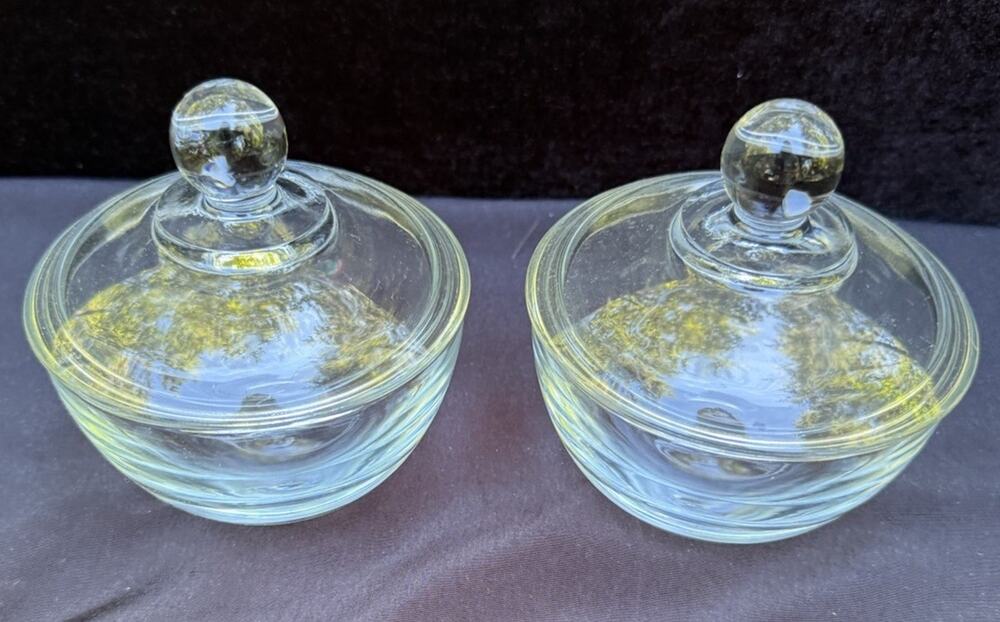 Vintage Anchor Hocking Clear Glass Covered Round Lidded Bowls Set Of 2 -S1